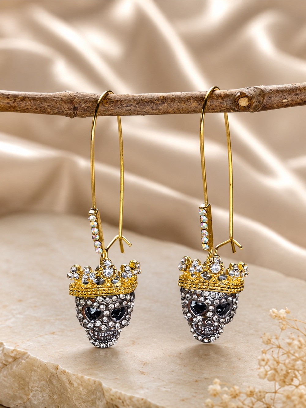 Gold Gothic Crown Skull Drop Earrings with Crystal Accents - Halloween themed
